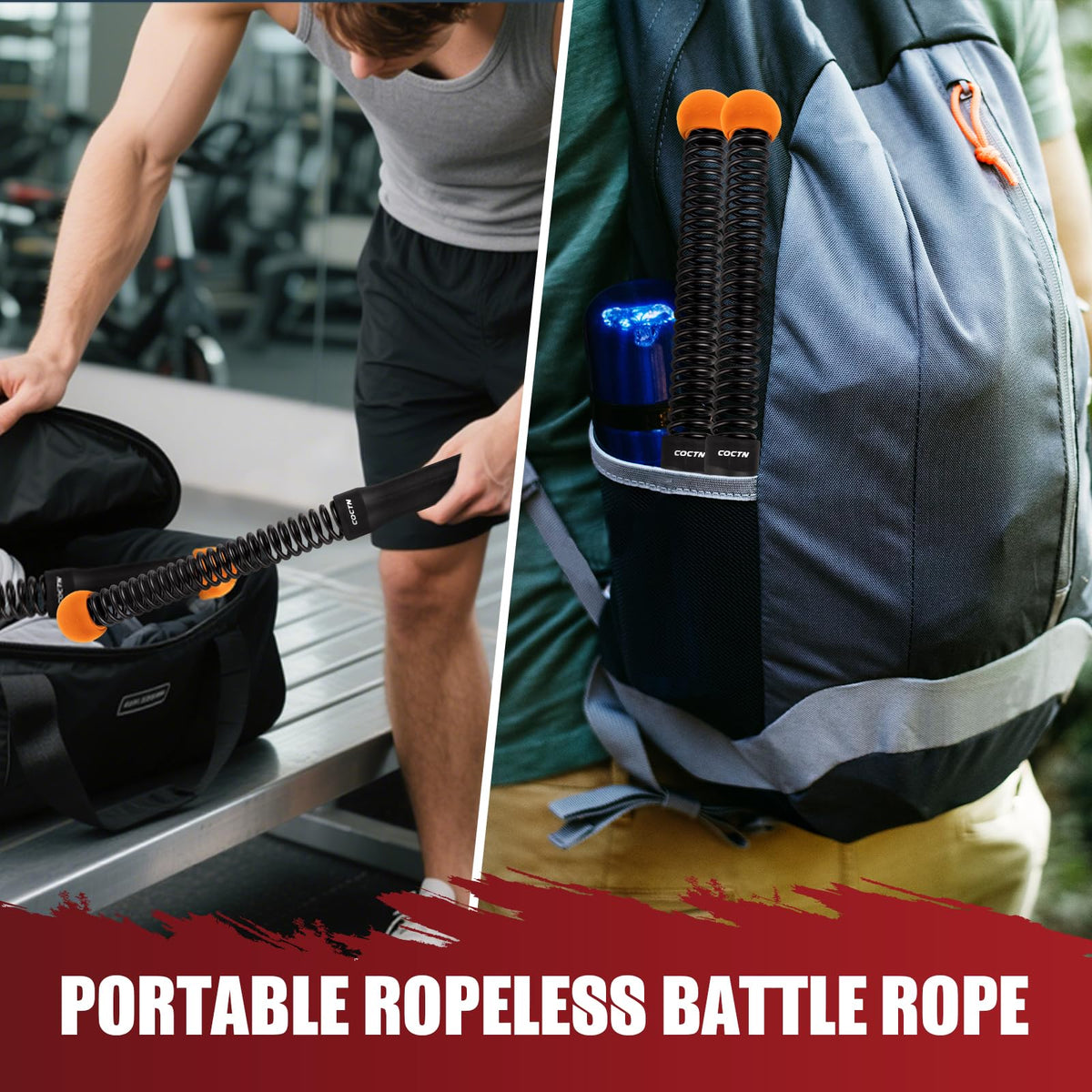 Cordless Battle Rope for Home Gym, Heavy Duty Portable with Poster