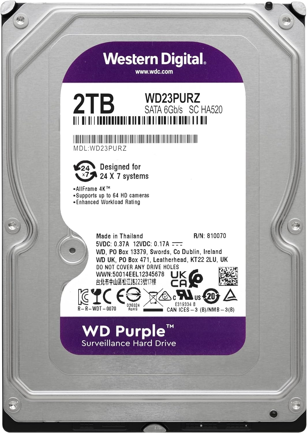 Western Digital 2TB WD Purple Surveillance Internal Hard Drive HDD, CMR, SATA 6 Gb/s, 64 MB Cache, 3.5" - WD23PURZ