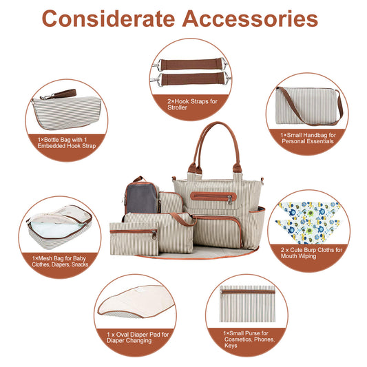 8Pcs Baby Nappy Diaper Bags Set For Mom Dad Mummy Handbags Multifunctional Diaper Changing Bags With Bottle Bag Mesh Bag Purse Diaper Pad 2 Burp Cloths 2 Hook Straps