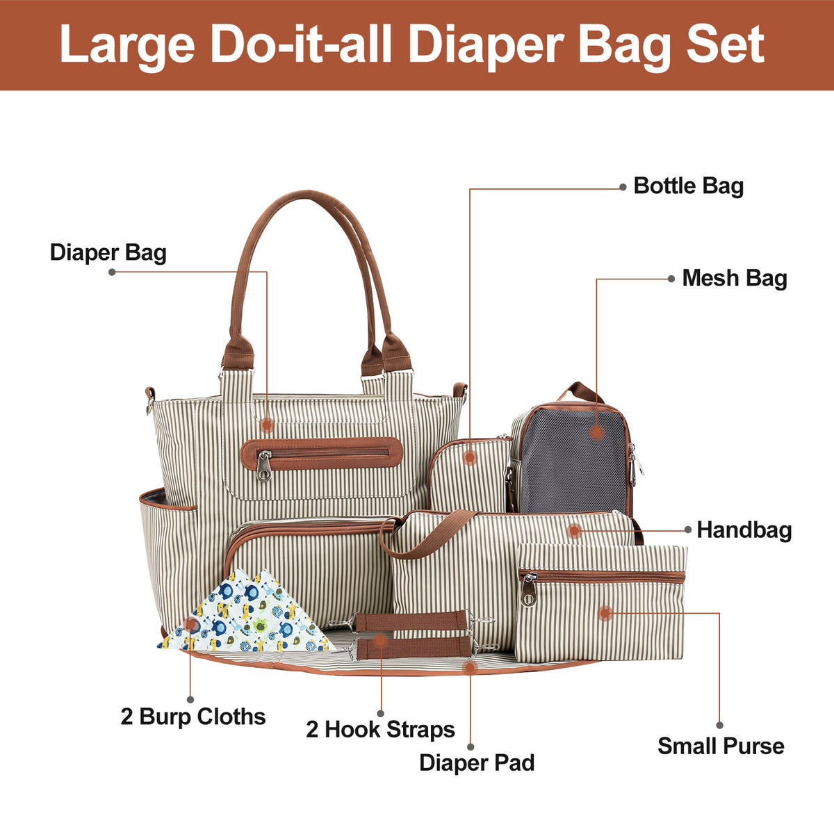 8Pcs Baby Nappy Diaper Bags Set For Mom Dad Mummy Handbags Multifunctional Diaper Changing Bags With Bottle Bag Mesh Bag Purse Diaper Pad 2 Burp Cloths 2 Hook Straps