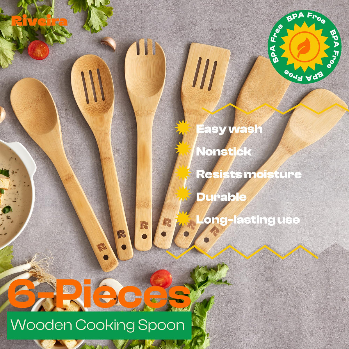 Riveira Dark Bamboo Wooden Spoons for Cooking 6-Piece, Apartment Essentials Wood Spatula Spoon Nonstick Kitchen Utensil Set Premium Quality Housewarming Gifts for Everyday Use