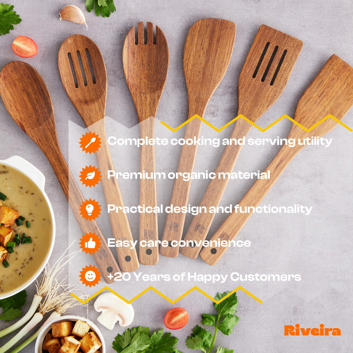 Riveira Dark Bamboo Wooden Spoons for Cooking 6-Piece, Apartment Essentials Wood Spatula Spoon Nonstick Kitchen Utensil Set Premium Quality Housewarming Gifts for Everyday Use