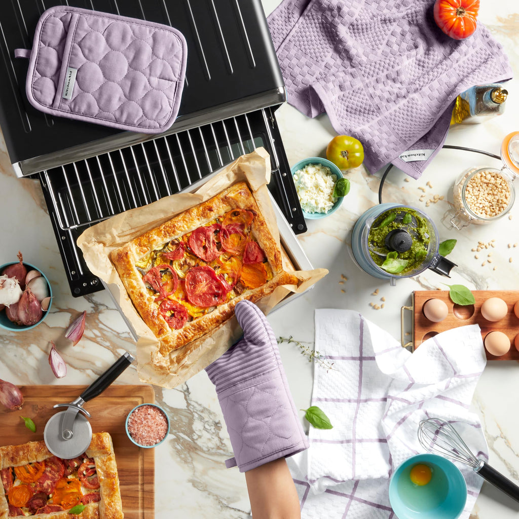 KITCHENAID Quilted Cotton Terry Cloth Oven Mitt, Pot Holder, Kitchen Towel 4-Pack Set, Heat Resistant, Silicone Grip, 16"x26", 7"x13" & 7"x10", Milkshake Tan