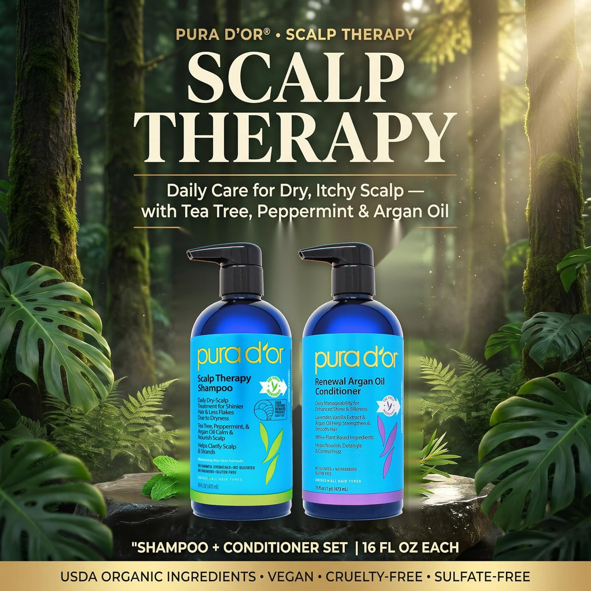 PURA D'OR Apple Cider Vinegar Shampoo & Conditioner Clarifying Set, 16oz x2