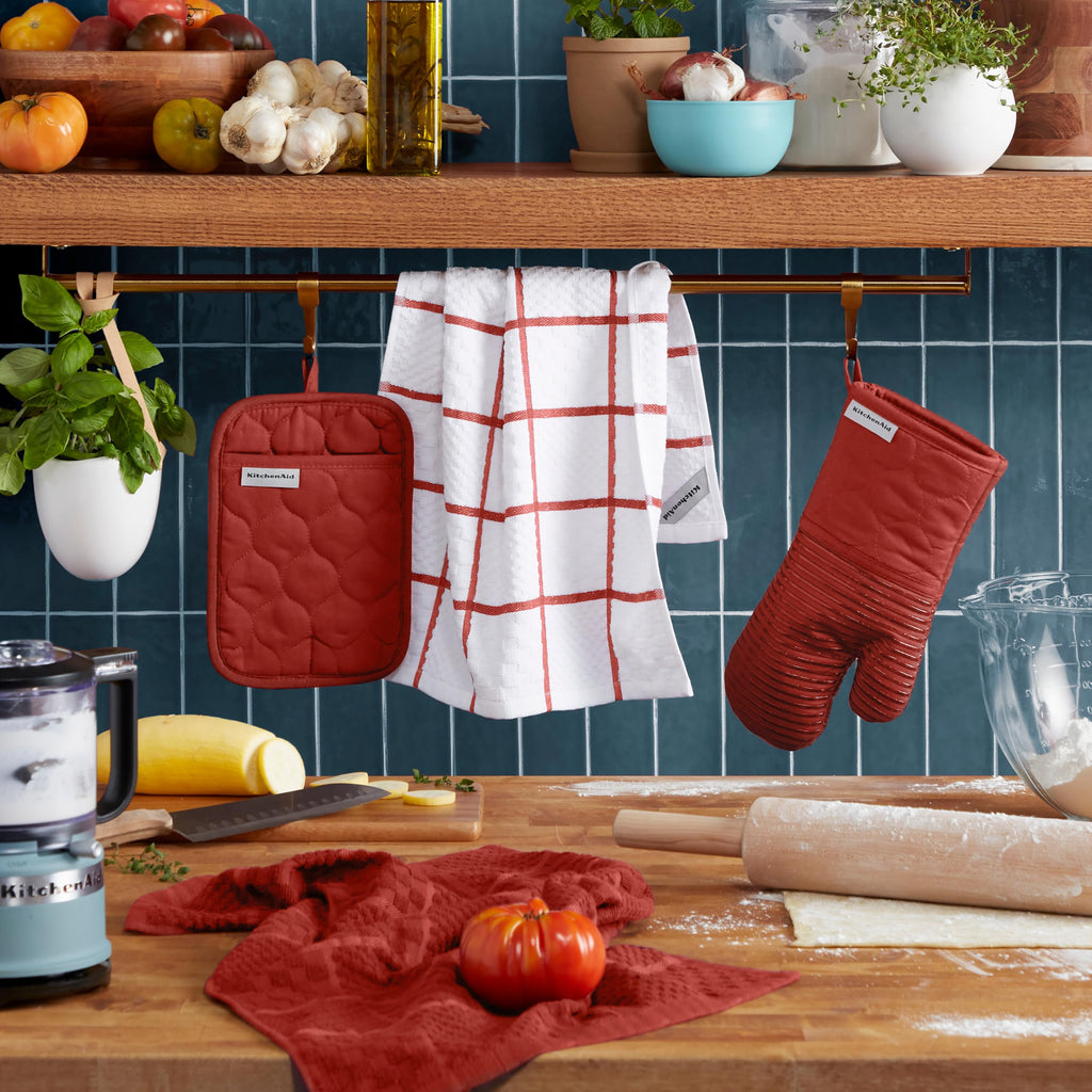 KITCHENAID Quilted Cotton Terry Cloth Oven Mitt, Pot Holder, Kitchen Towel 4-Pack Set, Heat Resistant, Silicone Grip, 16"x26", 7"x13" & 7"x10", Milkshake Tan