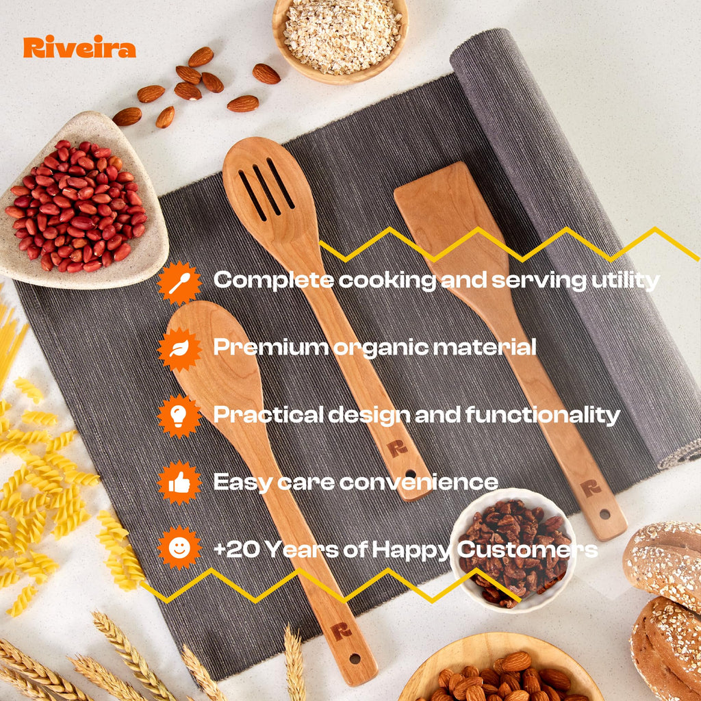 Riveira Dark Bamboo Wooden Spoons for Cooking 6-Piece, Apartment Essentials Wood Spatula Spoon Nonstick Kitchen Utensil Set Premium Quality Housewarming Gifts for Everyday Use