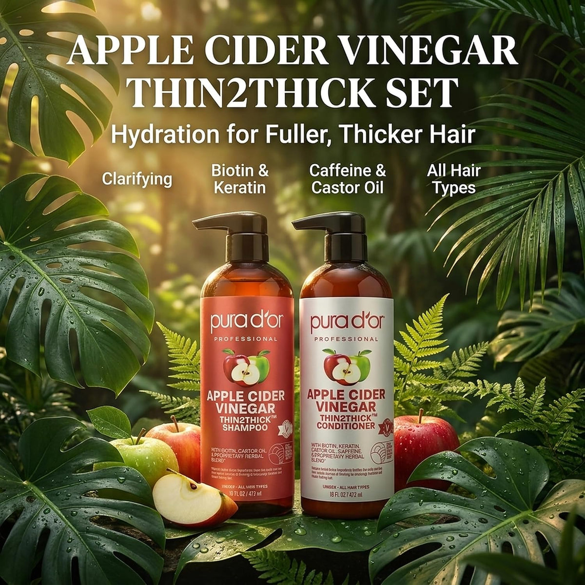 PURA D'OR Apple Cider Vinegar Shampoo & Conditioner Clarifying Set, 16oz x2
