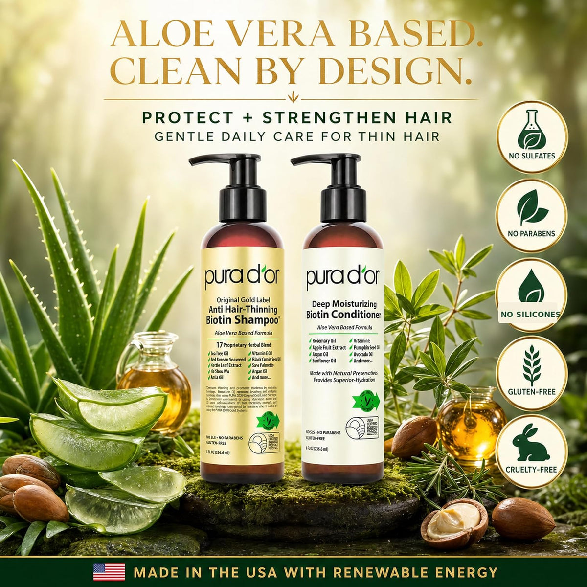 PURA D'OR Apple Cider Vinegar Shampoo & Conditioner Clarifying Set, 16oz x2