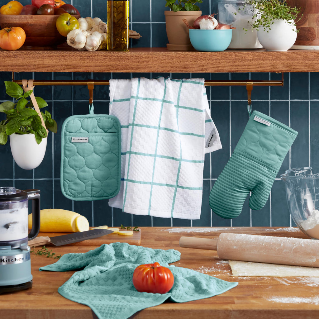 KITCHENAID Quilted Cotton Terry Cloth Oven Mitt, Pot Holder, Kitchen Towel 4-Pack Set, Heat Resistant, Silicone Grip, 16"x26", 7"x13" & 7"x10", Milkshake Tan