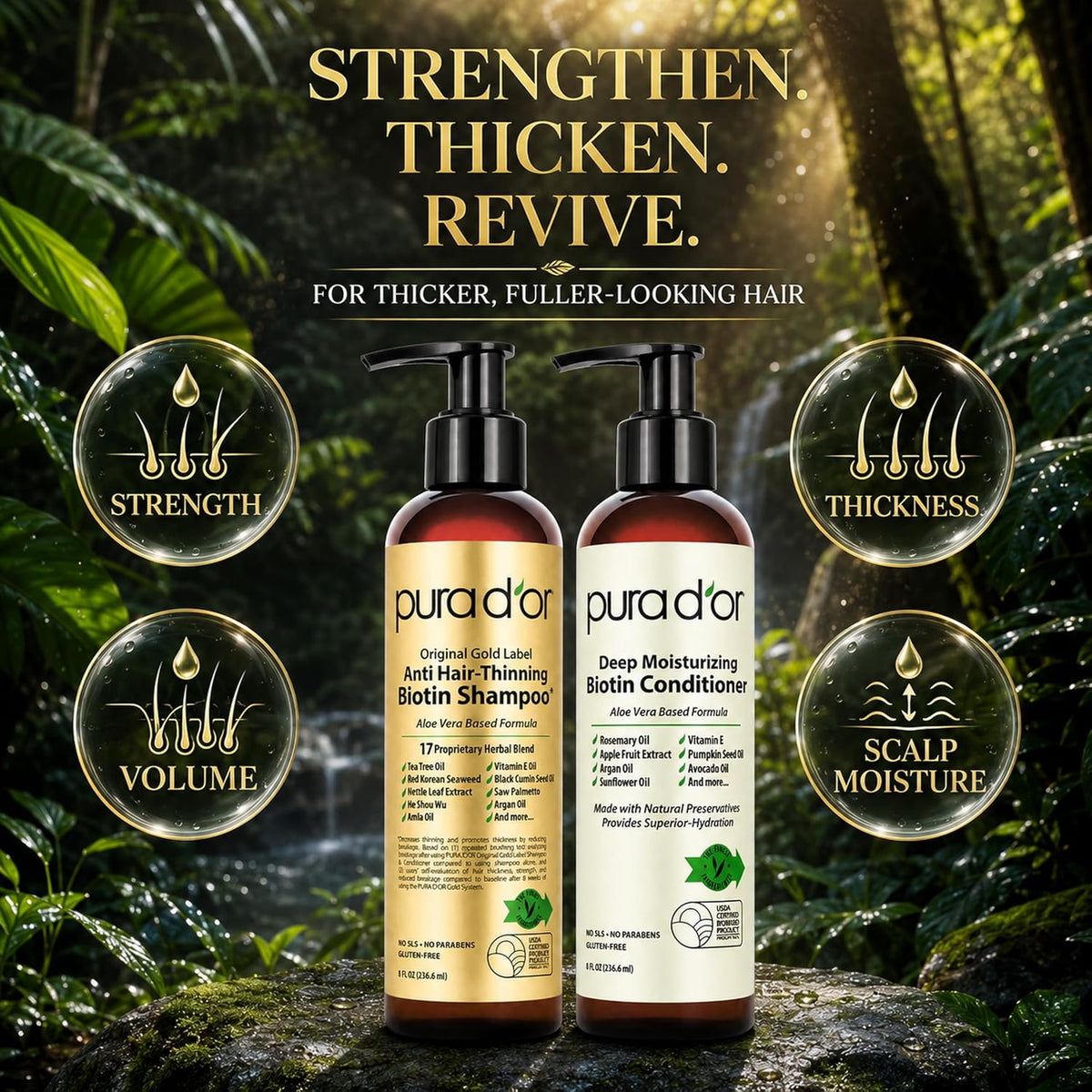 PURA D'OR Apple Cider Vinegar Shampoo & Conditioner Clarifying Set, 16oz x2