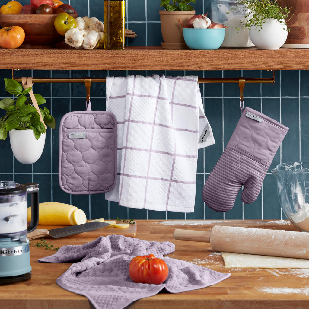 KITCHENAID Quilted Cotton Terry Cloth Oven Mitt, Pot Holder, Kitchen Towel 4-Pack Set, Heat Resistant, Silicone Grip, 16"x26", 7"x13" & 7"x10", Milkshake Tan
