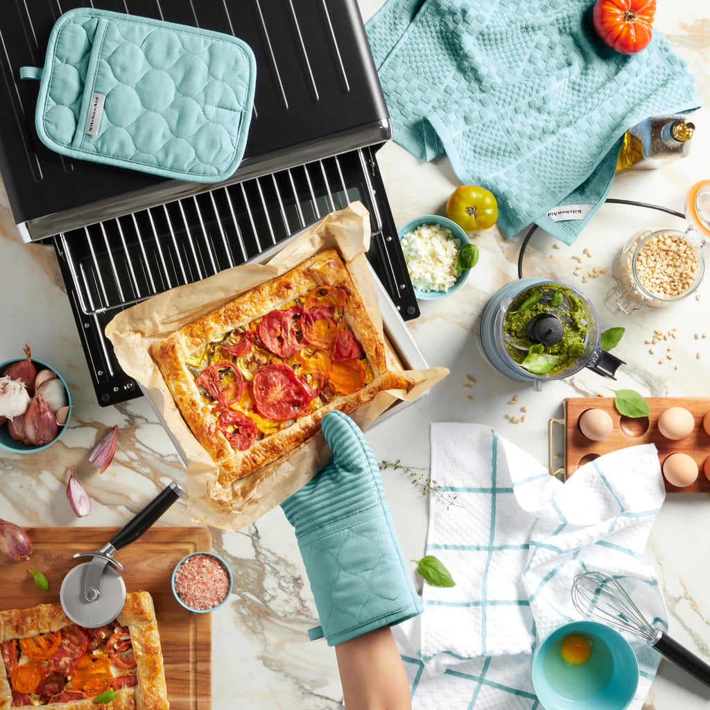 KITCHENAID Quilted Cotton Terry Cloth Oven Mitt, Pot Holder, Kitchen Towel 4-Pack Set, Heat Resistant, Silicone Grip, 16"x26", 7"x13" & 7"x10", Milkshake Tan