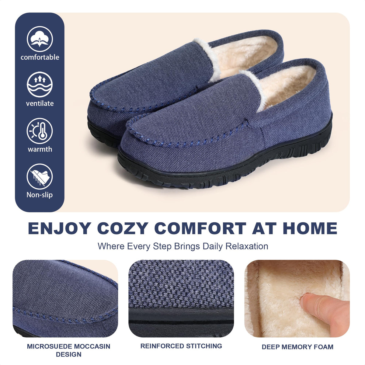 shoeslocker Men's Slippers Indoor Outdoor Warm Soft Plush Memory Foam House Slippers for Men Comfortable Bedroom Moccasin Slipper Non-Slip