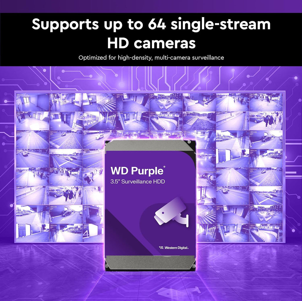 Western Digital 2TB WD Purple Surveillance Internal Hard Drive HDD, CMR, SATA 6 Gb/s, 64 MB Cache, 3.5" - WD23PURZ