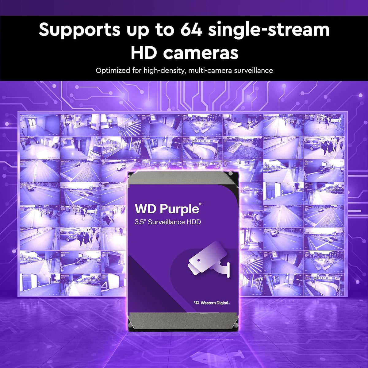 Western Digital 2TB WD Purple Surveillance Internal Hard Drive HDD, CMR, SATA 6 Gb/s, 64 MB Cache, 3.5" - WD23PURZ