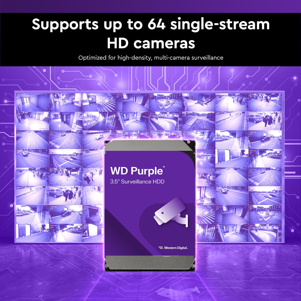 Western Digital 2TB WD Purple Surveillance Internal Hard Drive HDD, CMR, SATA 6 Gb/s, 64 MB Cache, 3.5" - WD23PURZ