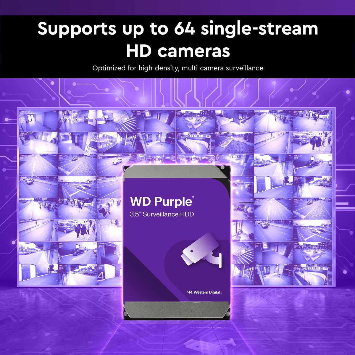 Western Digital 2TB WD Purple Surveillance Internal Hard Drive HDD, CMR, SATA 6 Gb/s, 64 MB Cache, 3.5" - WD23PURZ