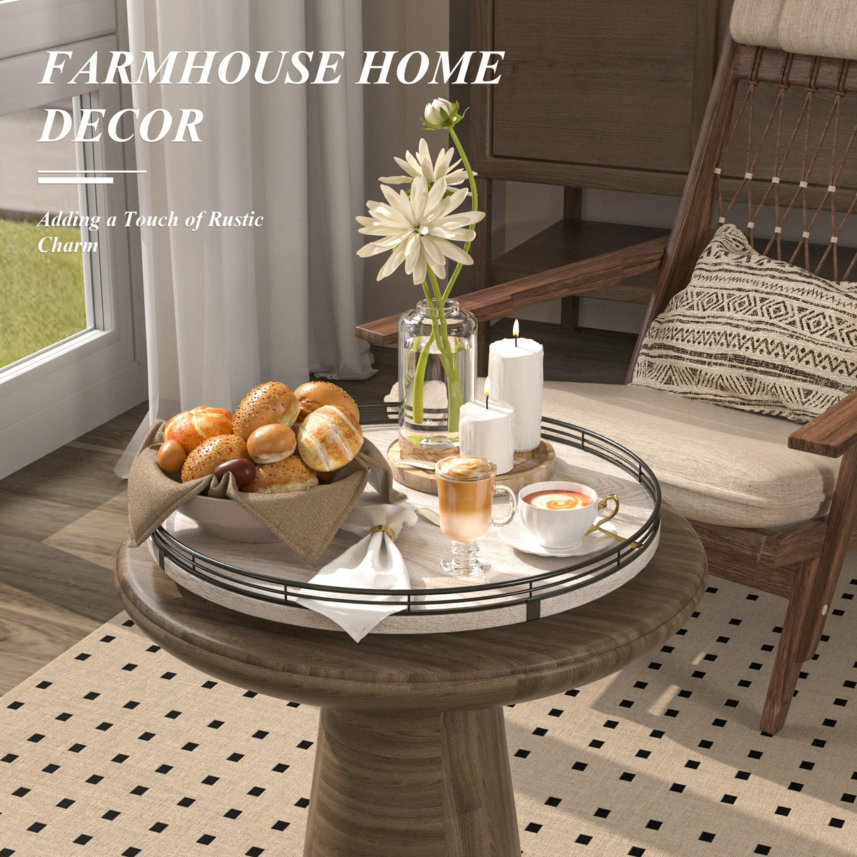 9-Inch Farmhouse Oak Wood Lazy Susan Organizer for Table Top, Walnut