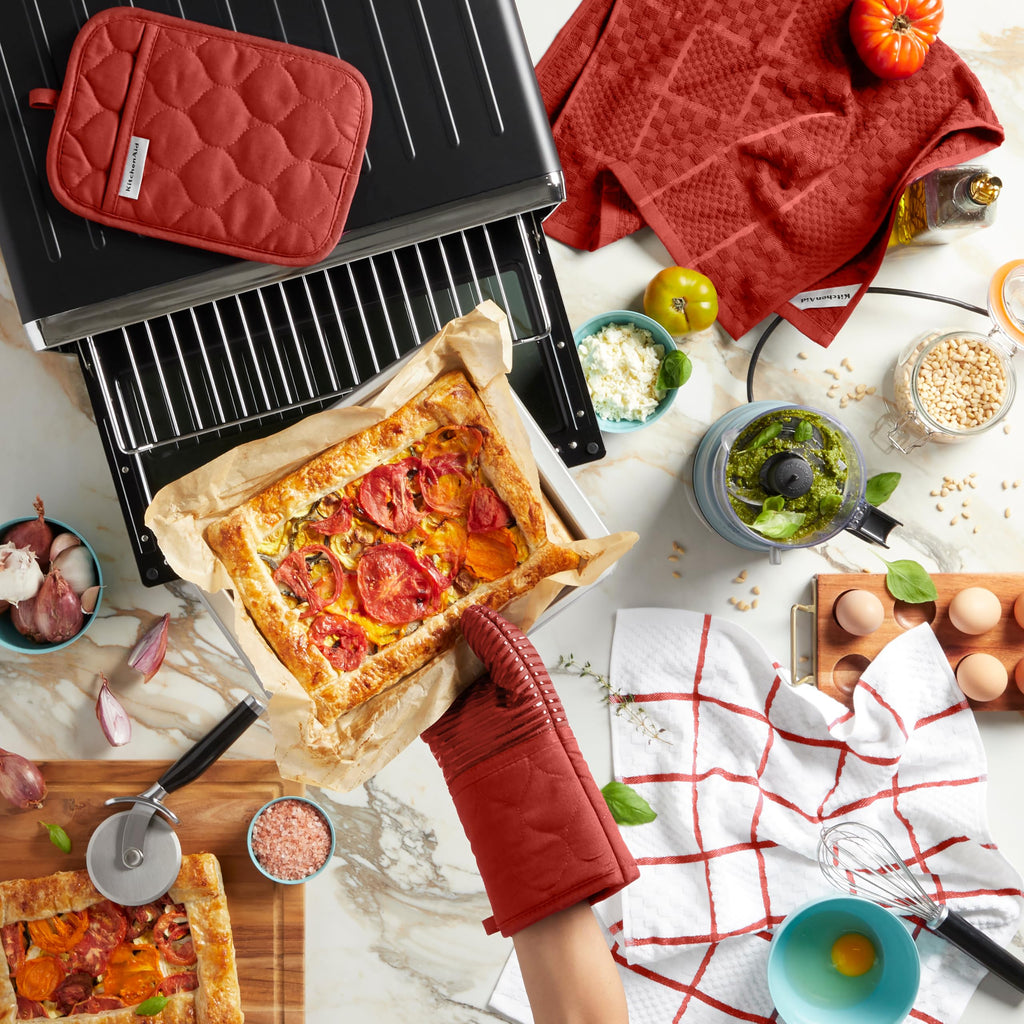 KITCHENAID Quilted Cotton Terry Cloth Oven Mitt, Pot Holder, Kitchen Towel 4-Pack Set, Heat Resistant, Silicone Grip, 16"x26", 7"x13" & 7"x10", Milkshake Tan