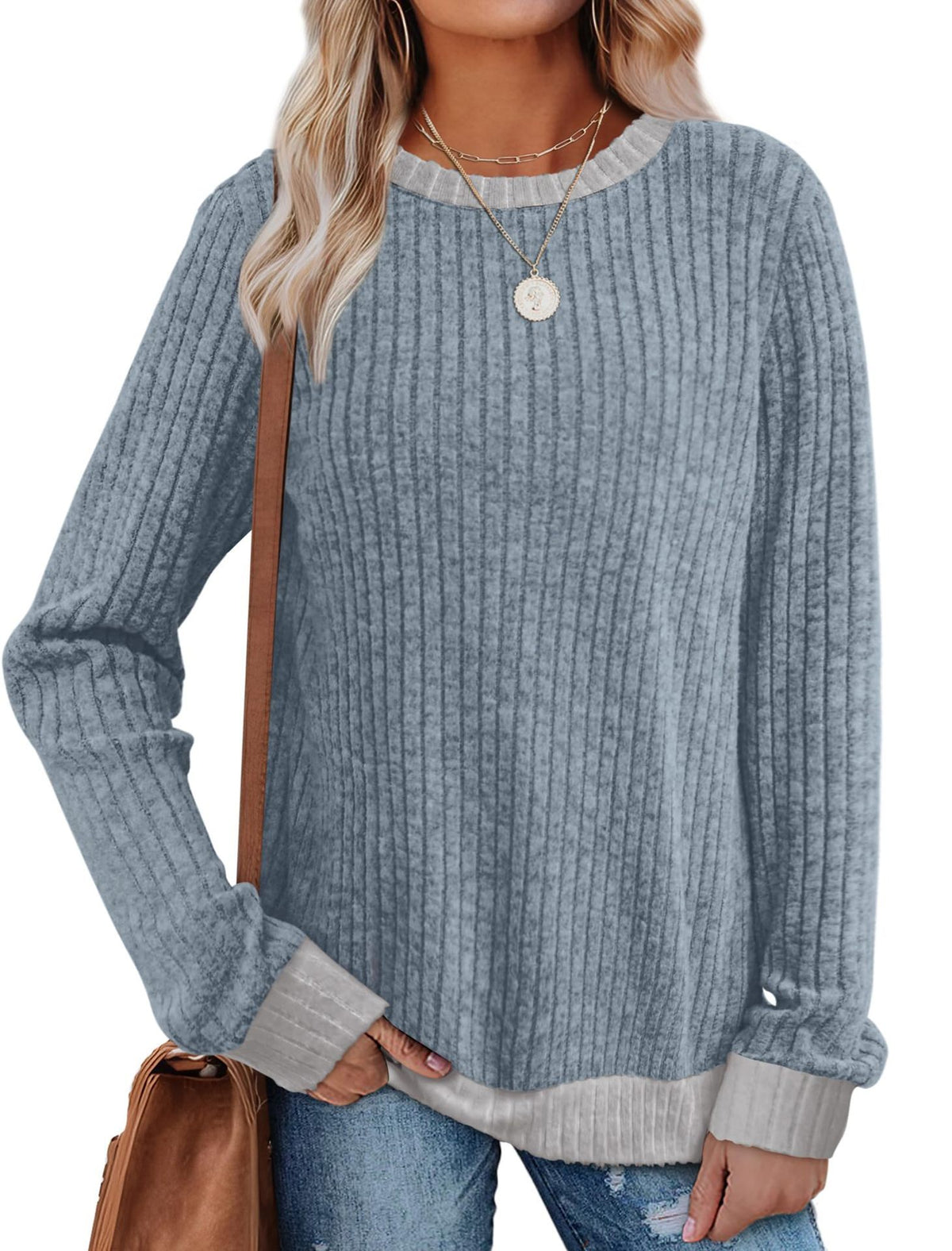 Color Matching Casual Round Neck Pullover Long Sleeve Top