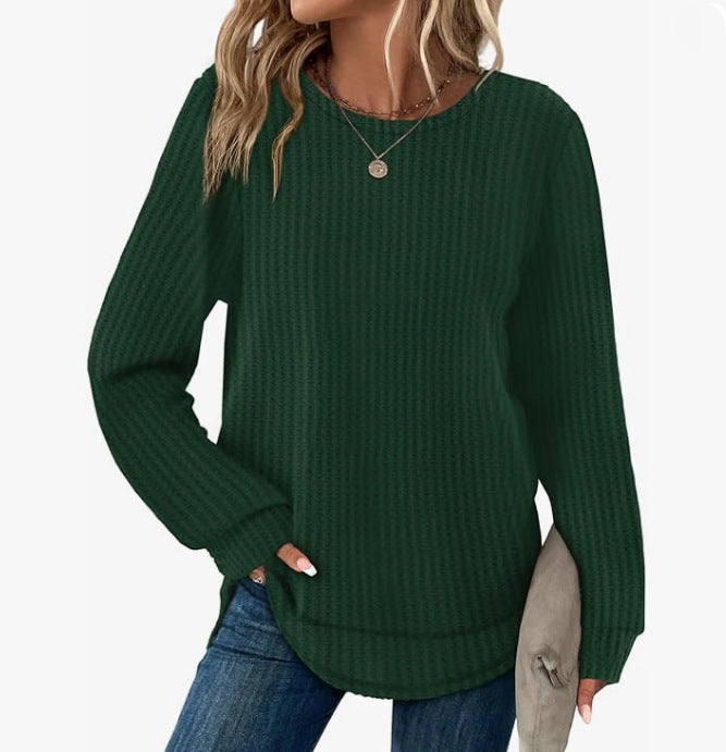 Waffle Loose Round Neck High And Low Curved Hem Top