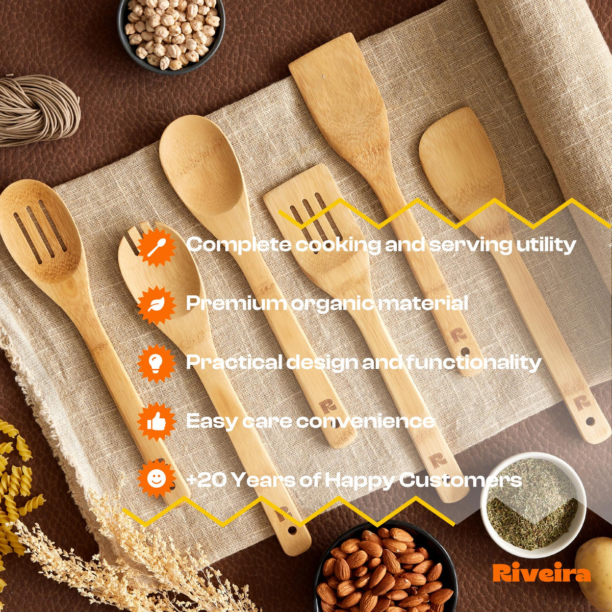 Riveira Dark Bamboo Wooden Spoons for Cooking 6-Piece, Apartment Essentials Wood Spatula Spoon Nonstick Kitchen Utensil Set Premium Quality Housewarming Gifts for Everyday Use
