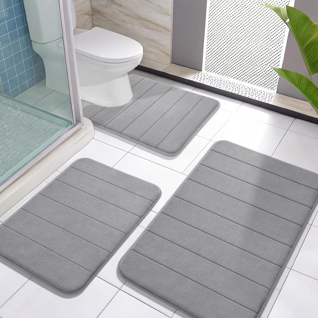 Yimobra Memory Foam Bath Mat Set 3 Pieces- Super Soft Absorbent Quick Dry Bathroom Rug Sets, Machine Washable Non Slip Floor Carpet for Tub Shower, Vanity & Toilet Base, Gray
