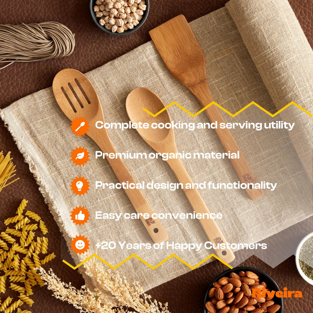 Riveira Dark Bamboo Wooden Spoons for Cooking 6-Piece, Apartment Essentials Wood Spatula Spoon Nonstick Kitchen Utensil Set Premium Quality Housewarming Gifts for Everyday Use