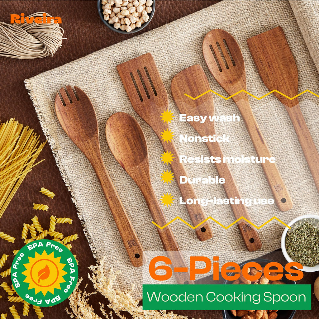 Riveira Dark Bamboo Wooden Spoons for Cooking 6-Piece, Apartment Essentials Wood Spatula Spoon Nonstick Kitchen Utensil Set Premium Quality Housewarming Gifts for Everyday Use