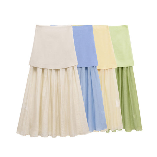 Solid Color Knitted Pleated Stitching Skirt - souqmart