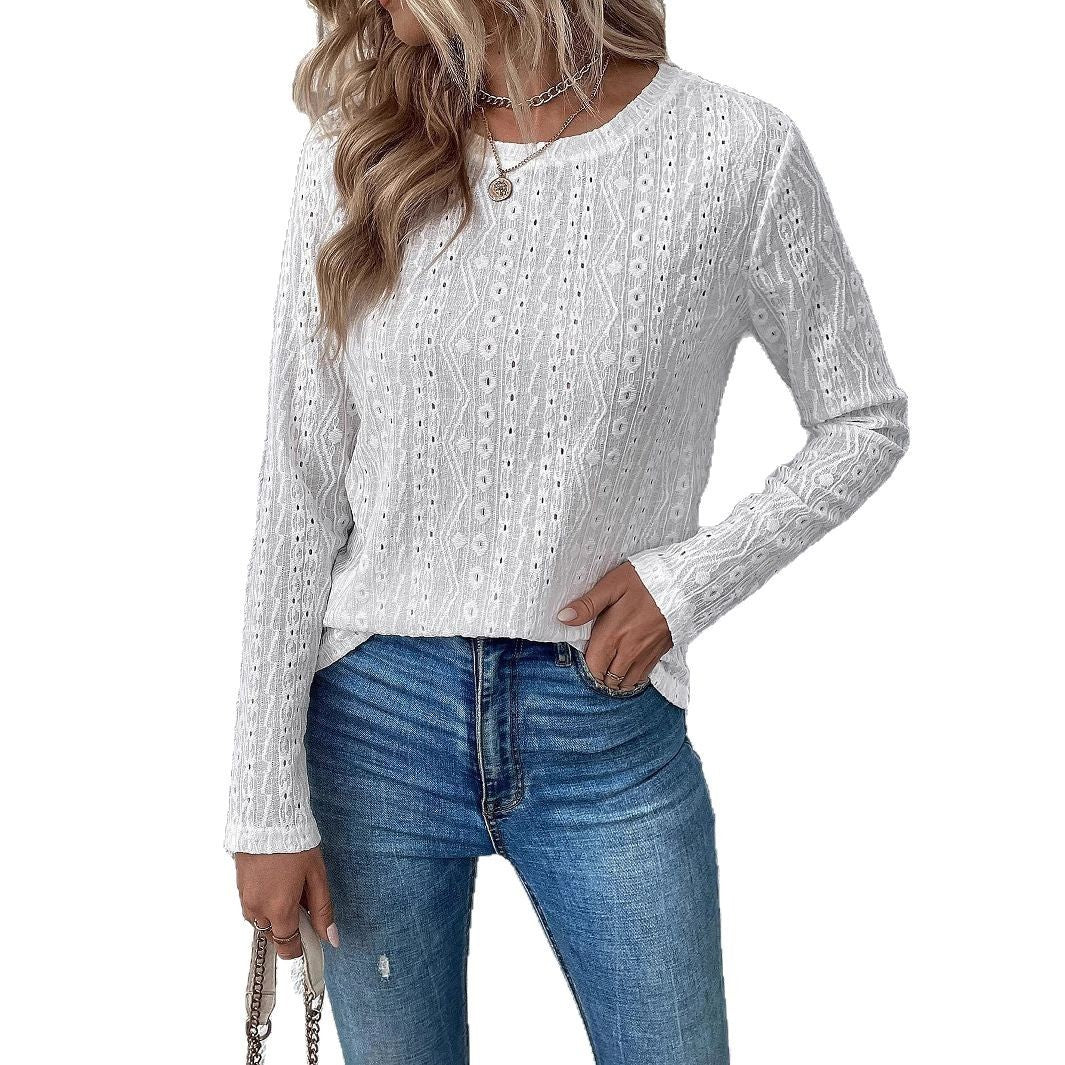 Solid Color Round Neck Long Sleeve Hollow T-shirt Top