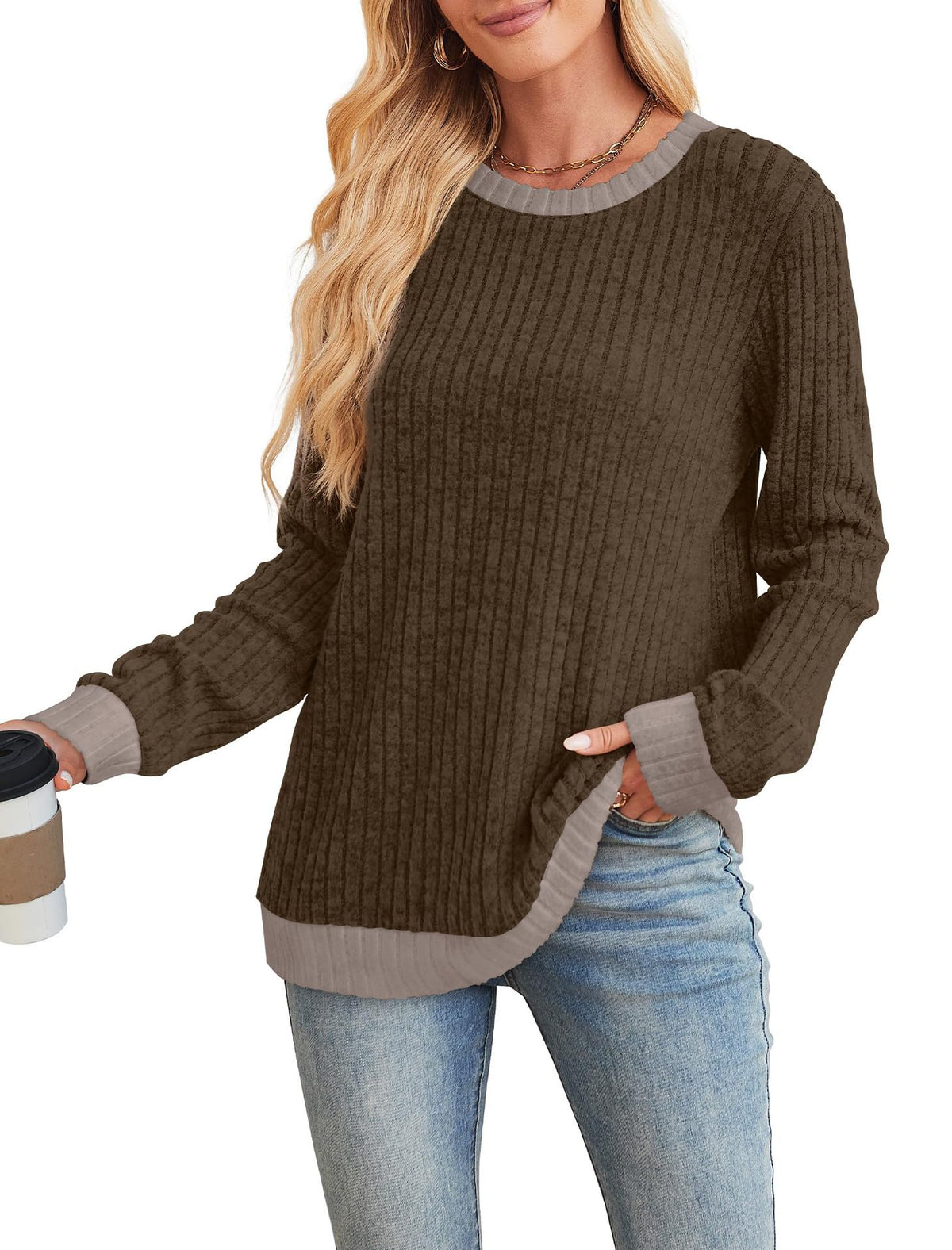 Color Matching Casual Round Neck Pullover Long Sleeve Top