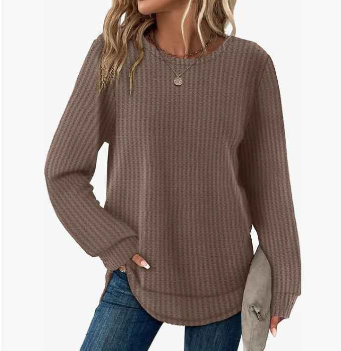 Waffle Loose Round Neck High And Low Curved Hem Top