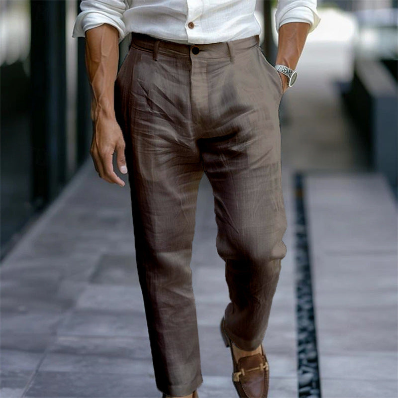 Men's Linen Trousers Solid Color Breathable Casual Pants Outdoor Clothing - souqmart