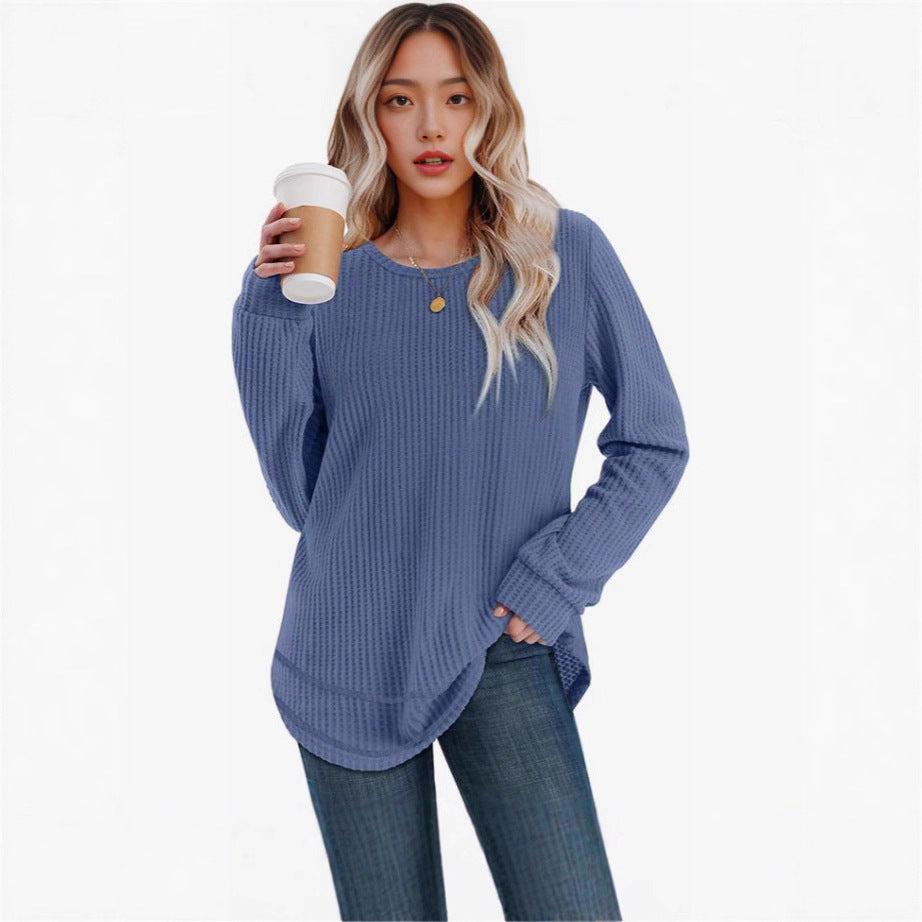 Waffle Loose Round Neck High And Low Curved Hem Top