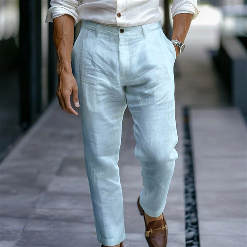Men's Linen Trousers Solid Color Breathable Casual Pants Outdoor Clothing - souqmart
