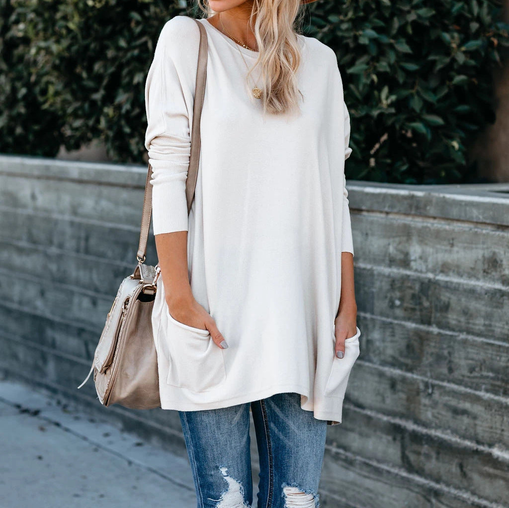 Round Neck Long Sleeve Pocket T-shirt Top