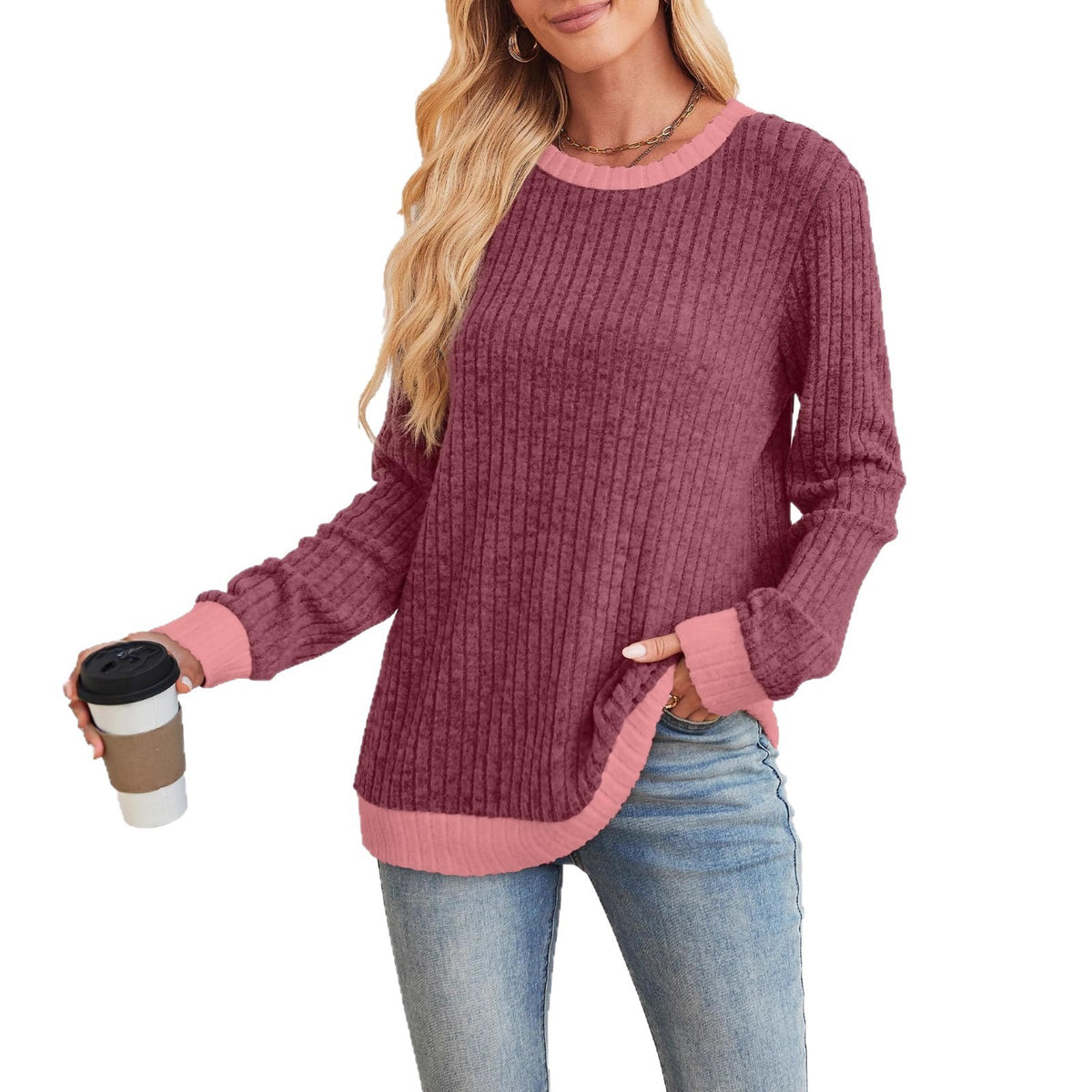 Color Matching Casual Round Neck Pullover Long Sleeve Top