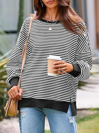 Waffle Knitted Long Sleeve Crew Neck Split Pullover Sweater