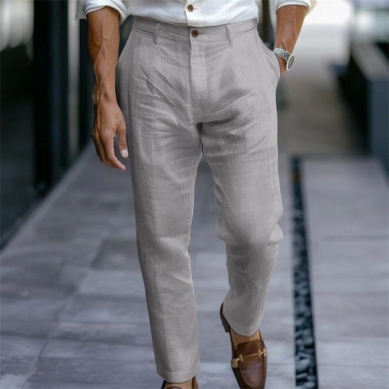 Men's Linen Trousers Solid Color Breathable Casual Pants Outdoor Clothing - souqmart