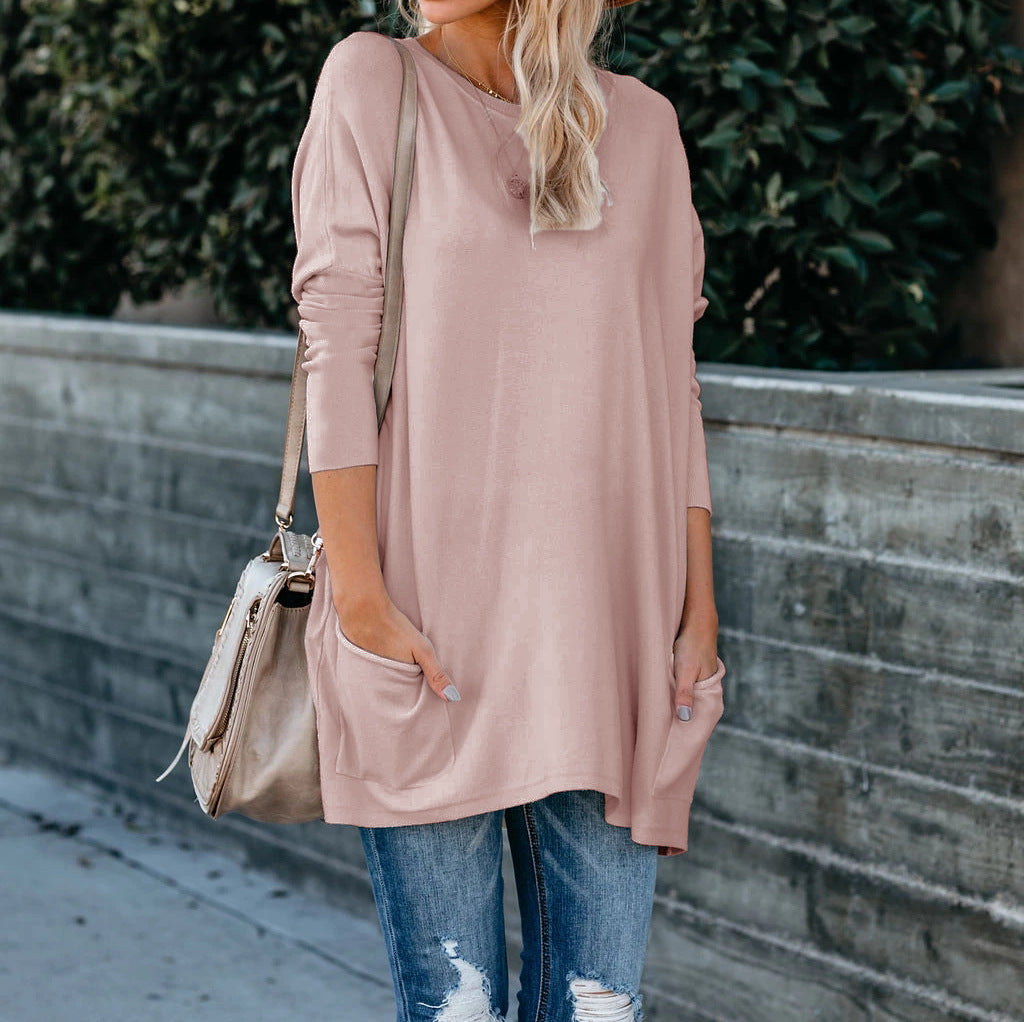Round Neck Long Sleeve Pocket T-shirt Top