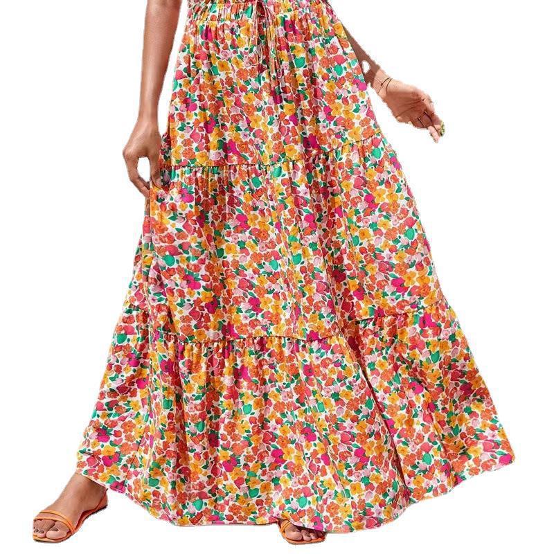 Flower Print Elastic Waist Skirt - souqmart